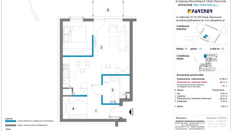 Rzut - Mieszkanie na sprzedaż 1 pokój o powierzchni 47,96 m² - numer B.3.93 w Daszyńskiego Square etap 1