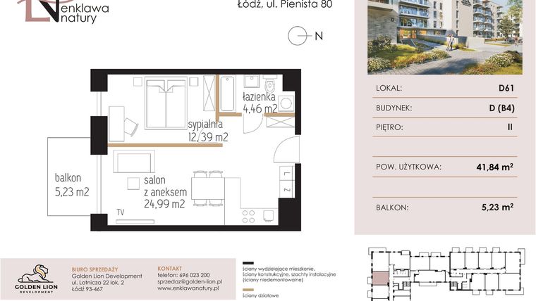 Rzut - Mieszkanie na sprzedaż 2 pokoje o powierzchni 41,84 m² - numer D61 w Enklawa Natury
