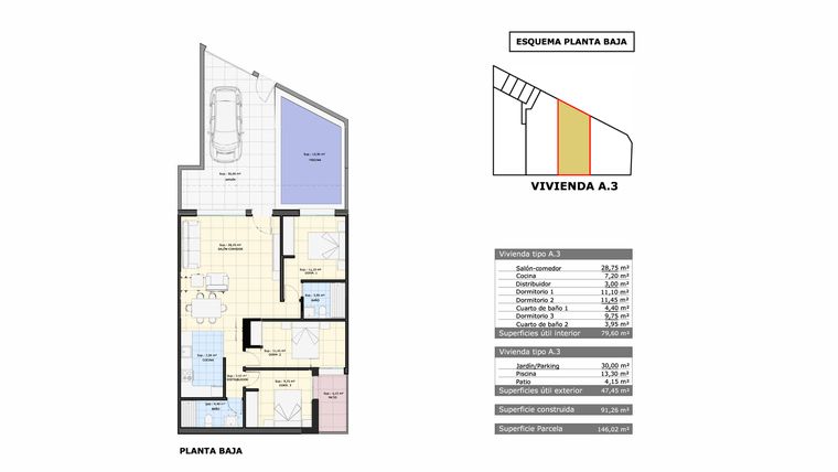 Rzut - Dom na sprzedaż 3 pokoje o powierzchni 91,3 m² - numer 3 w Domy w Pilar de la Horadada - 48809471