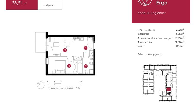 Rzut - Mieszkanie na sprzedaż 1 pokój o powierzchni 36,31 m² - numer 1.A.1.01 w Murapol Ergo
