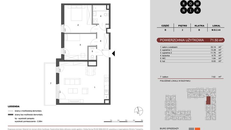 Rzut - Mieszkanie na sprzedaż 3 pokoje o powierzchni 71,5 m² - numer M.B.2.044 w CUKROWNIA