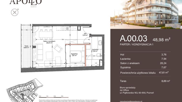Rzut - Mieszkanie na sprzedaż 2 pokoje o powierzchni 48,98 m² - numer A.0.03 w Apollo Residence