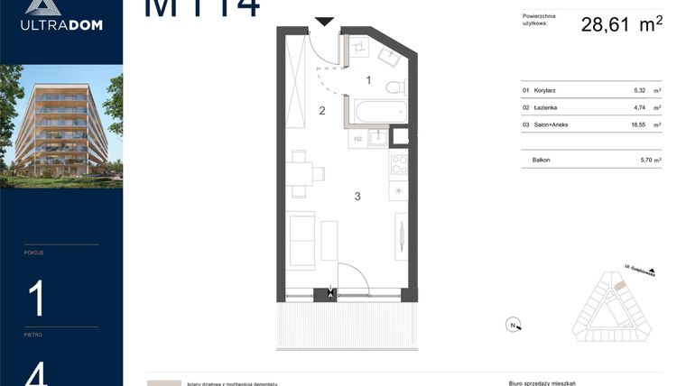 Rzut - Mieszkanie na sprzedaż 1 pokój o powierzchni 28,61 m² - numer M114 w Ultradom