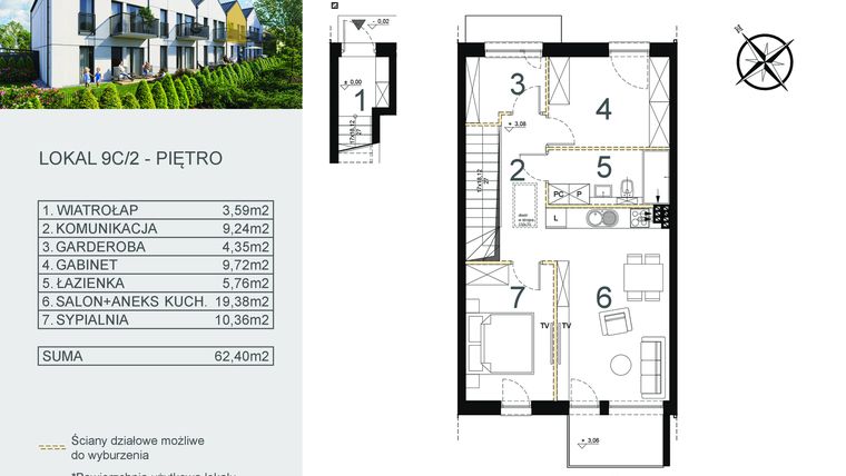 Rzut - Mieszkanie na sprzedaż 3 pokoje o powierzchni 62,4 m² - numer 9C/2 w Zamiejska 9