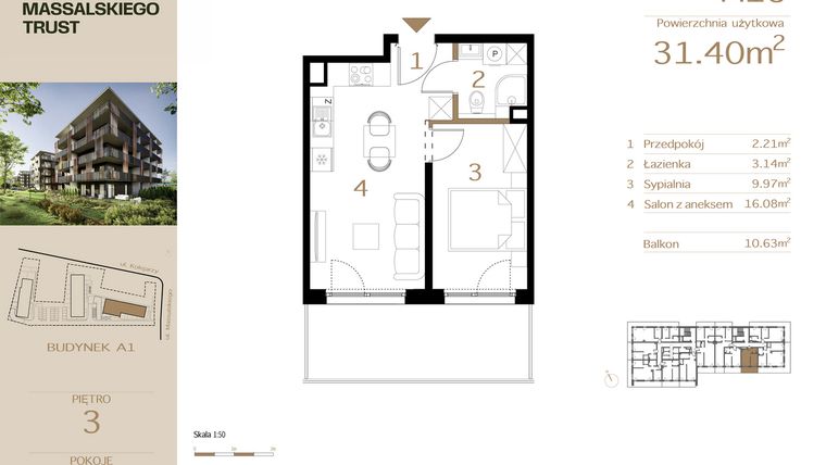 Rzut - Mieszkanie na sprzedaż 2 pokoje o powierzchni 31,4 m² - numer M18 w Massalskiego Trust