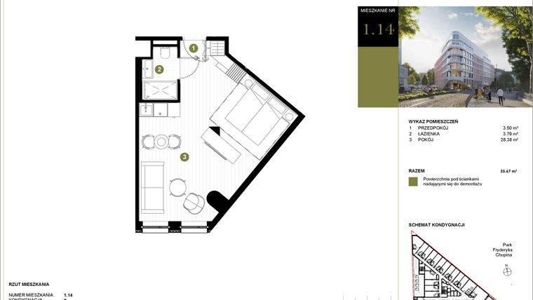 Rzut - Mieszkanie na sprzedaż 1 pokój o powierzchni 35,67 m² - numer 114 w Y3 Signature Hotel