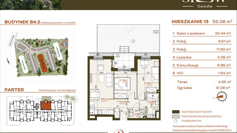 Rzut - Mieszkanie na sprzedaż 3 pokoje o powierzchni 55,06 m² - numer B4.2.13 w Osiedle SLOW