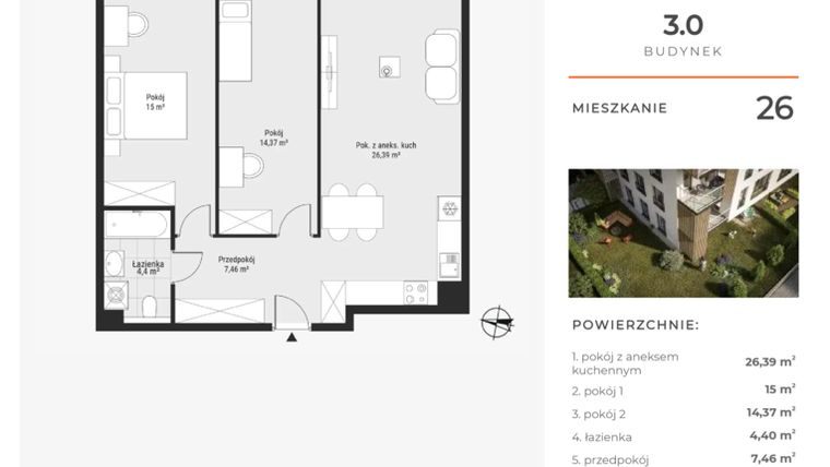Rzut - Mieszkanie na sprzedaż 3 pokoje o powierzchni 67,73 m² - numer 26 w Bytkowska 3.0