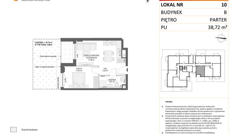 Rzut - Mieszkanie na sprzedaż 2 pokoje o powierzchni 38,72 m² - numer B10 w Osiedle Orzechowa