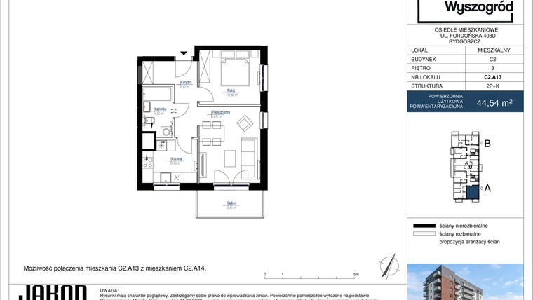 Rzut - Mieszkanie na sprzedaż 2 pokoje o powierzchni 44,54 m² - numer C2.A13 w Nowy Wyszogród etap II