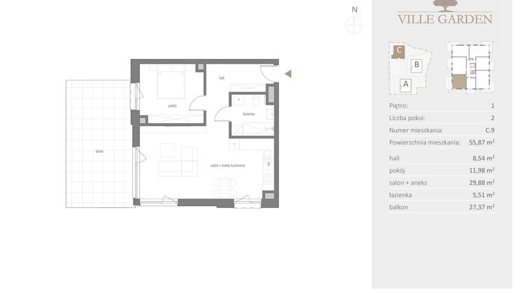 Rzut - Mieszkanie na sprzedaż 2 pokoje o powierzchni 55,87 m² - numer C.09 w Ville Garden