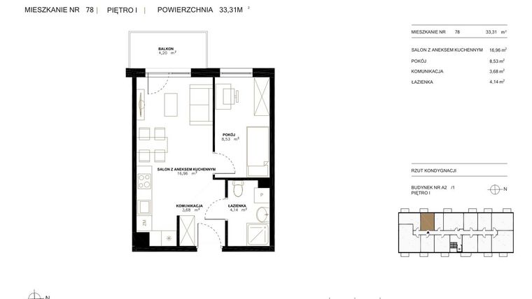 Rzut - Mieszkanie na sprzedaż 2 pokoje o powierzchni 33,31 m² - numer A2.1.78 w Altro A2/1