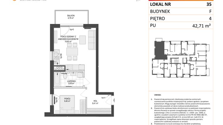 Rzut - Mieszkanie na sprzedaż 2 pokoje o powierzchni 42,71 m² - numer F.35 w Osiedle Warszawska
