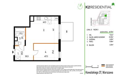 Rzut - Mieszkanie na sprzedaż 2 pokoje o powierzchni 44,92 m² - numer 12 w Kowalskiego 37