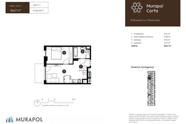 Rzut - Mieszkanie na sprzedaż 2 pokoje o powierzchni 36,67 m² - numer 2.A.1.11 w Murapol Corfa