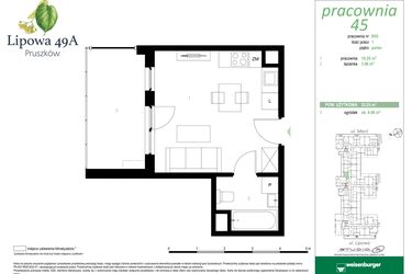 Rzut - Mieszkanie na sprzedaż 1 pokój o powierzchni 23,25 m² - numer 45B w Lipowa 49A - Apartamenty inwestycyjne