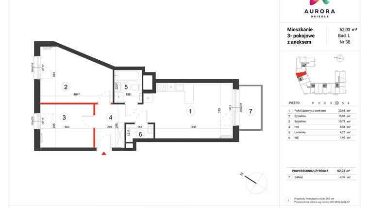 Rzut - Mieszkanie na sprzedaż 3 pokoje o powierzchni 62,03 m² - numer L-38 w Osiedle Aurora - bud. L