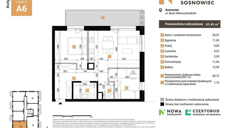 Rzut - Mieszkanie na sprzedaż 3 pokoje o powierzchni 61,45 m² - numer A6 w Nowy Sosnowiec