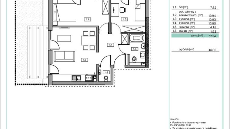 Rzut - Mieszkanie na sprzedaż 3 pokoje o powierzchni 57,83 m² - numer B3.6 w Na Wzgórzach