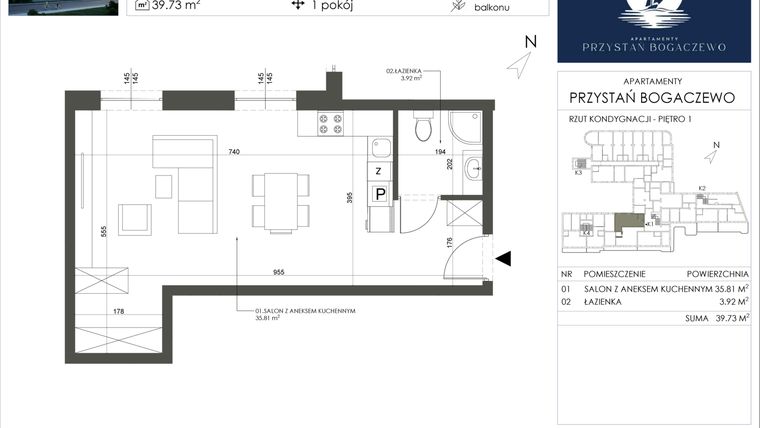 Rzut - Mieszkanie na sprzedaż 1 pokój o powierzchni 39,73 m² - numer 6 w Przystań Bogaczewo