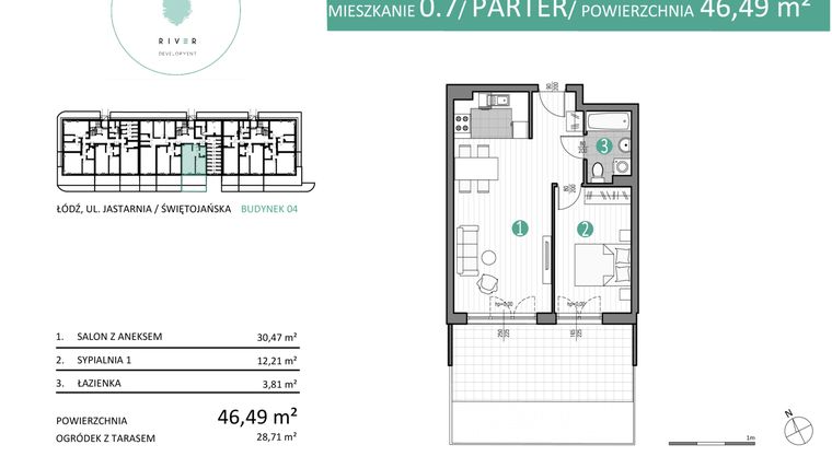 Rzut - Mieszkanie na sprzedaż 2 pokoje o powierzchni 46,49 m² - numer 04.0.7 w Port Jastarnia bud. 01, 04