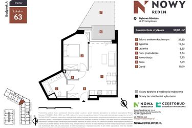 Rzut - Mieszkanie na sprzedaż 2 pokoje o powierzchni 50,03 m² - numer A63-I w Nowy Reden