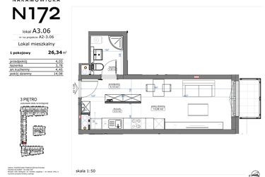 Rzut - Mieszkanie na sprzedaż 1 pokój o powierzchni 26,34 m² - numer A3.06 w Naramowicka 172