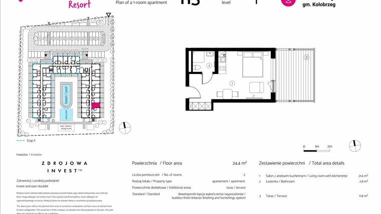 Rzut - Mieszkanie na sprzedaż 1 pokój o powierzchni 24,4 m² - numer 113 w VacationClub Resort