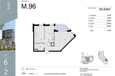 Rzut - Mieszkanie na sprzedaż 2 pokoje o powierzchni 54,54 m² - numer M96 w Sky Trust etap II