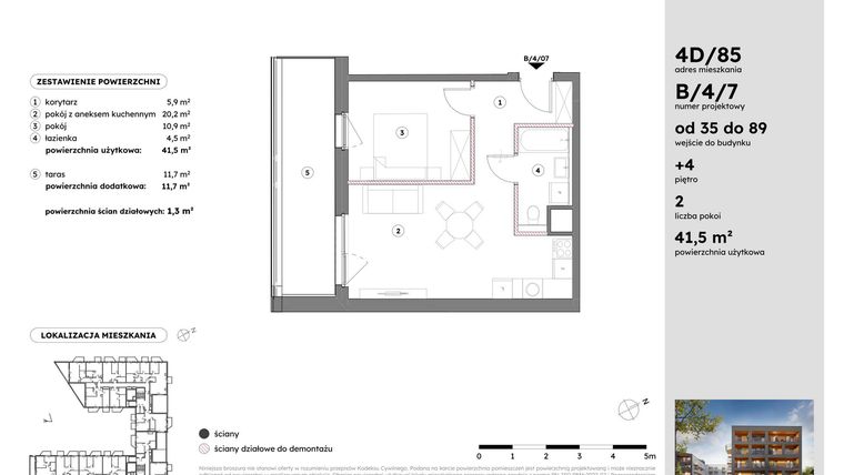 Rzut - Mieszkanie na sprzedaż 2 pokoje o powierzchni 41,55 m² - numer B/4/7 w Osiedle Mateckiego 4ALL