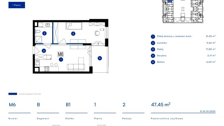 Rzut - Mieszkanie na sprzedaż 2 pokoje o powierzchni 47,45 m² - numer 6B w Przy Bursztynowej
