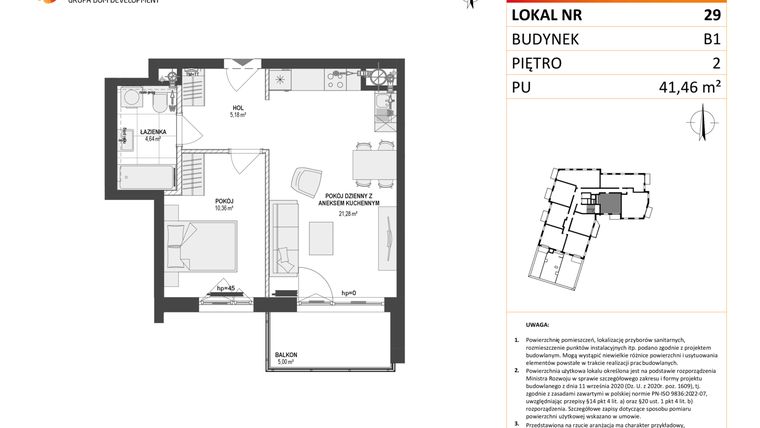 Rzut - Mieszkanie na sprzedaż 2 pokoje o powierzchni 41,42 m² - numer 29 w Leśna Góra