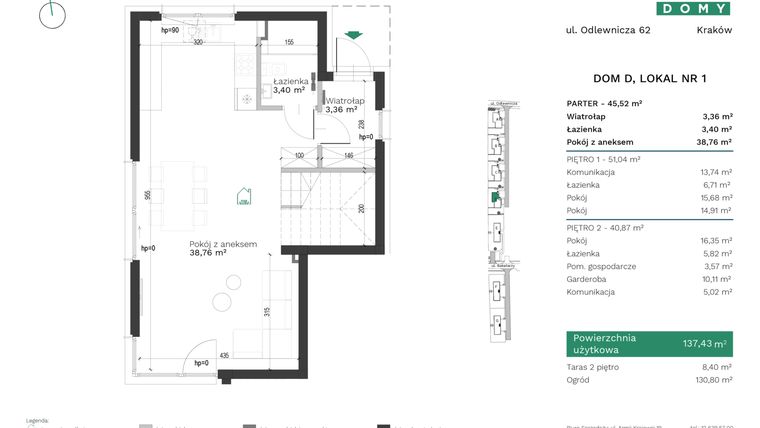 Rzut - Mieszkanie na sprzedaż 4 pokoje o powierzchni 137,43 m² - numer D1 w Destino Domy