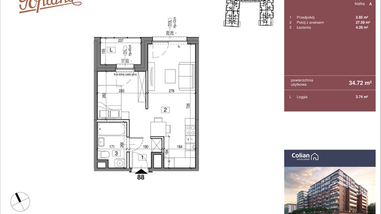 Rzut - Mieszkanie na sprzedaż 1 pokój o powierzchni 34,72 m² - numer G1/88 w Goplana budynek G