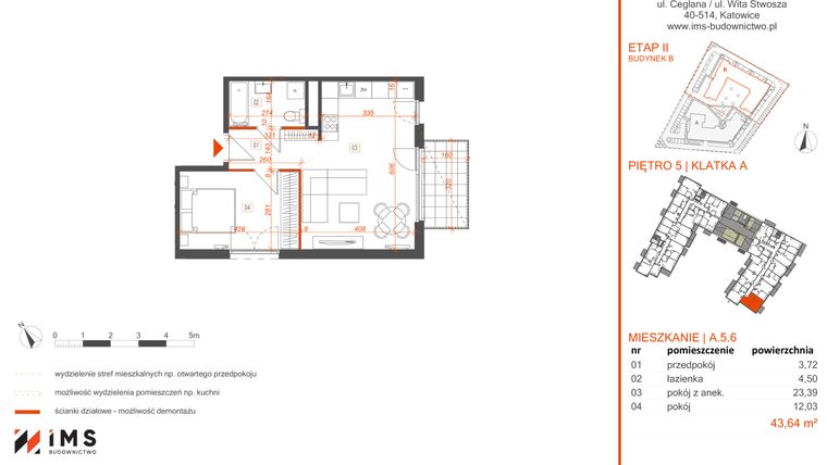 Rzut - Mieszkanie na sprzedaż 2 pokoje o powierzchni 43,61 m² - numer A.5.6 w Rondo Ceglana etap II