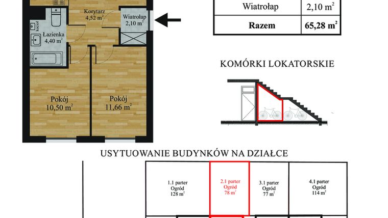 Rzut - Mieszkanie na sprzedaż 3 pokoje o powierzchni 65,28 m² - numer 2.1 w Ogrody Zebrzydowska