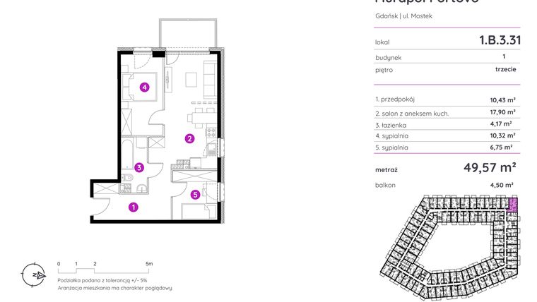 Rzut - Mieszkanie na sprzedaż 3 pokoje o powierzchni 49,6 m² - numer 1.B.3.31 w Murapol Portovo etap II