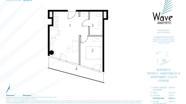 Rzut - Mieszkanie na sprzedaż 2 pokoje o powierzchni 38,65 m² - numer D.10.79 w Wave Międzyzdroje Resort & Spa