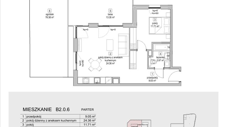 Rzut - Mieszkanie na sprzedaż 2 pokoje o powierzchni 49,09 m² - numer B2.0.6 w ATAL Symbioza IB