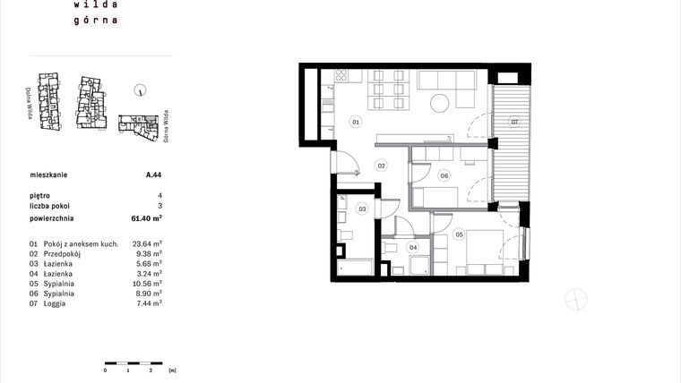 Rzut - Mieszkanie na sprzedaż 3 pokoje o powierzchni 61,4 m² - numer A.44 w Dolna Górna Wilda