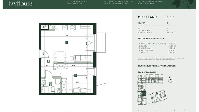 Rzut - Mieszkanie na sprzedaż 2 pokoje o powierzchni 42,35 m² - numer B.3.5 w IVY HOUSE