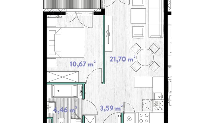 Rzut - Mieszkanie na sprzedaż 2 pokoje o powierzchni 40,6 m² - numer A.03.03 w Do Wilgi