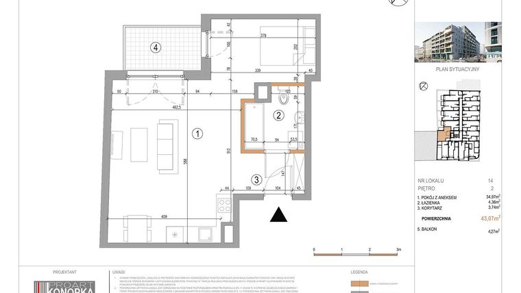 Rzut - Mieszkanie na sprzedaż 1 pokój o powierzchni 43,07 m² - numer A2/14 w 5th Avenue Apartments