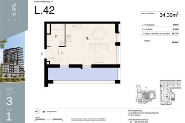 Rzut - Mieszkanie na sprzedaż 2 pokoje o powierzchni 34,3 m² - numer L42 w Sky Trust etap II - apartamenty inwestycyjne 23% VAT PRS