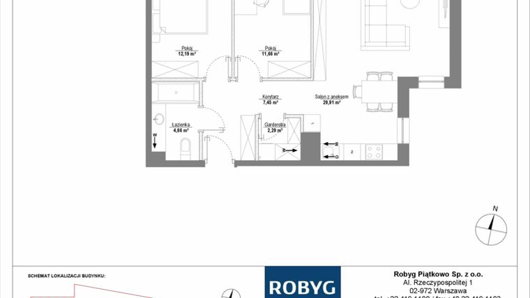 Rzut - Mieszkanie na sprzedaż 3 pokoje o powierzchni 68,16 m² - numer H3_2M03 w Piątkowo Residence etap II