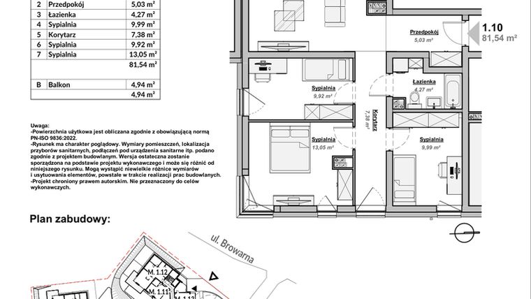 Rzut - Mieszkanie na sprzedaż 4 pokoje o powierzchni 81,54 m² - numer M1.10 w Bulwary Apartamenty