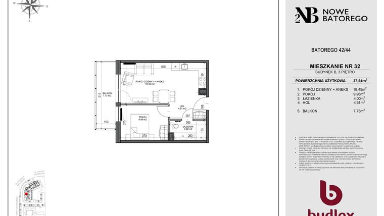 Rzut - Mieszkanie na sprzedaż 2 pokoje o powierzchni 37,94 m² - numer B32 w Nowe Batorego 2
