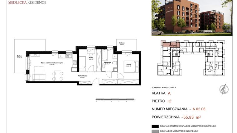 Rzut - Mieszkanie na sprzedaż 3 pokoje o powierzchni 56,83 m² - numer A-02-06 w Siedlecka Residence