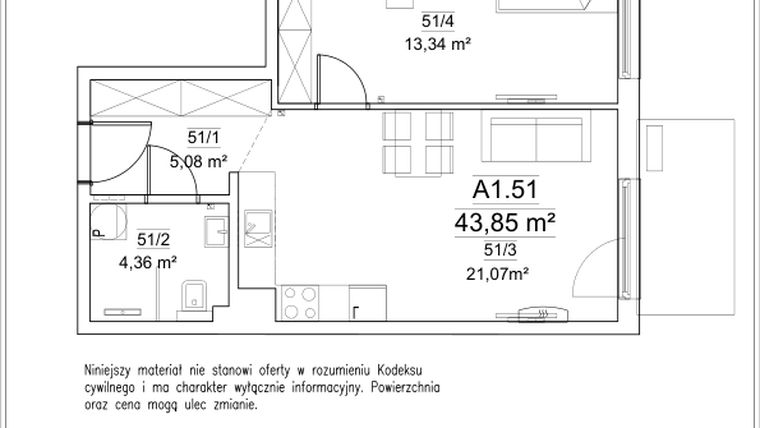 Rzut - Mieszkanie na sprzedaż 2 pokoje o powierzchni 43,85 m² - numer A1.51 w FORTnatura