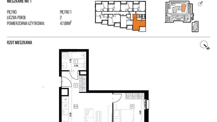 Rzut - Mieszkanie na sprzedaż 2 pokoje o powierzchni 47,88 m² - numer 22K/01 w NATURAMA II